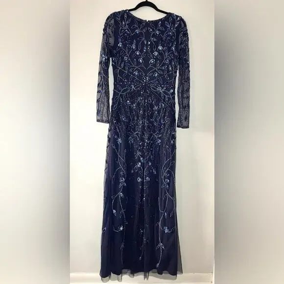 Aidan Mattox Sequined Beaded Long Sleeve Gown Navy Size 10 - Picture 15 of 15